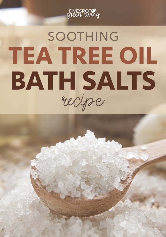 tea tree oil bath salts on wooden spoon